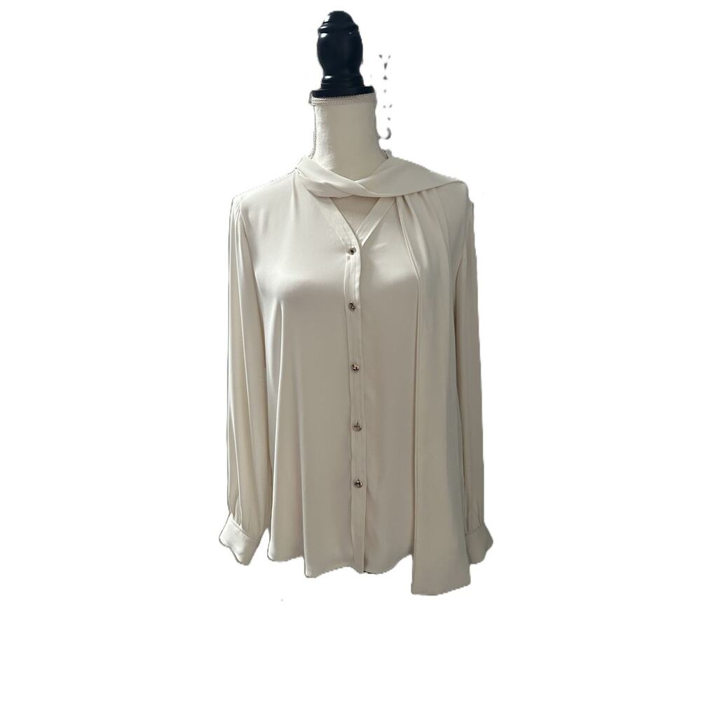 NWT Ann Taylor Long Sleeve Cream Blouse with Sash Style Neckline Size XS
